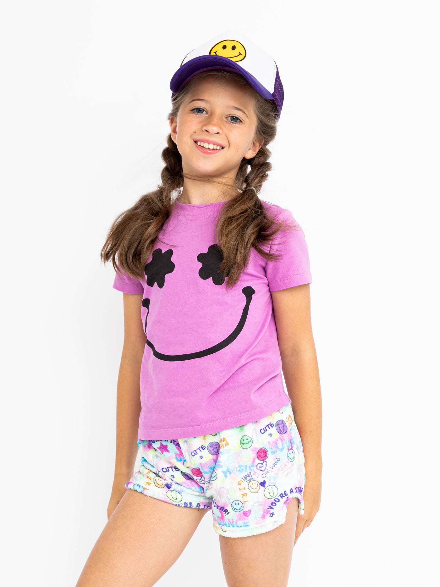 girls orchid graphic short sleeve t-shirt with flower smiley face print