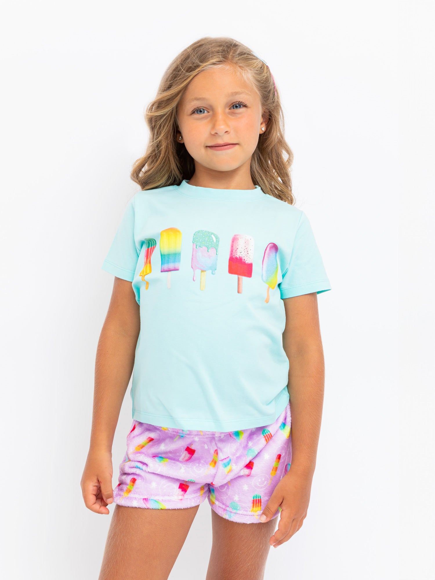 girls lavender plush lounge shorts in a popsicle print