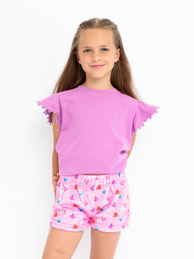 girls orchid plush lounge shorts with chocolate kisses allover