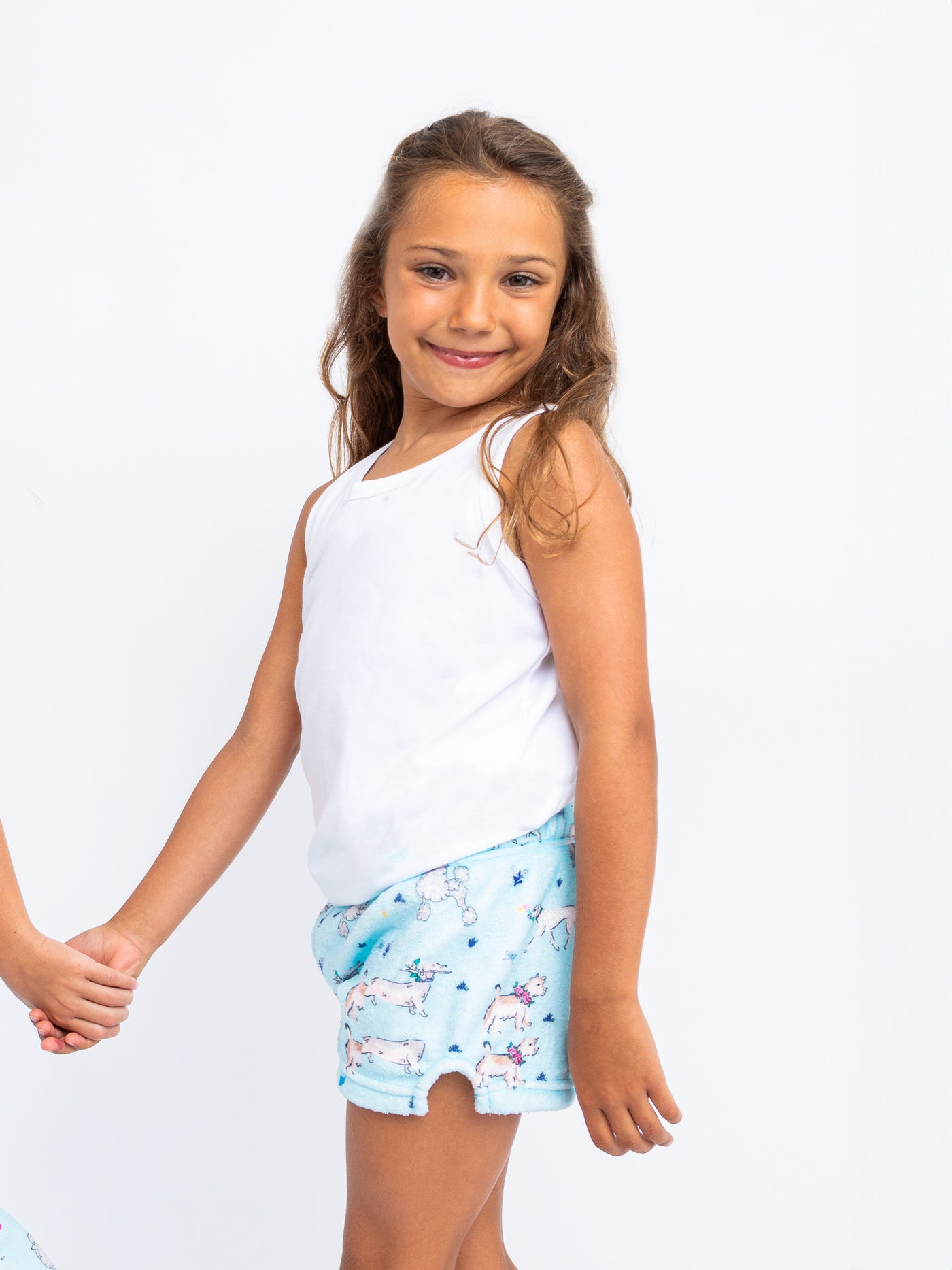 girls blue plush lounge shorts with puppy print