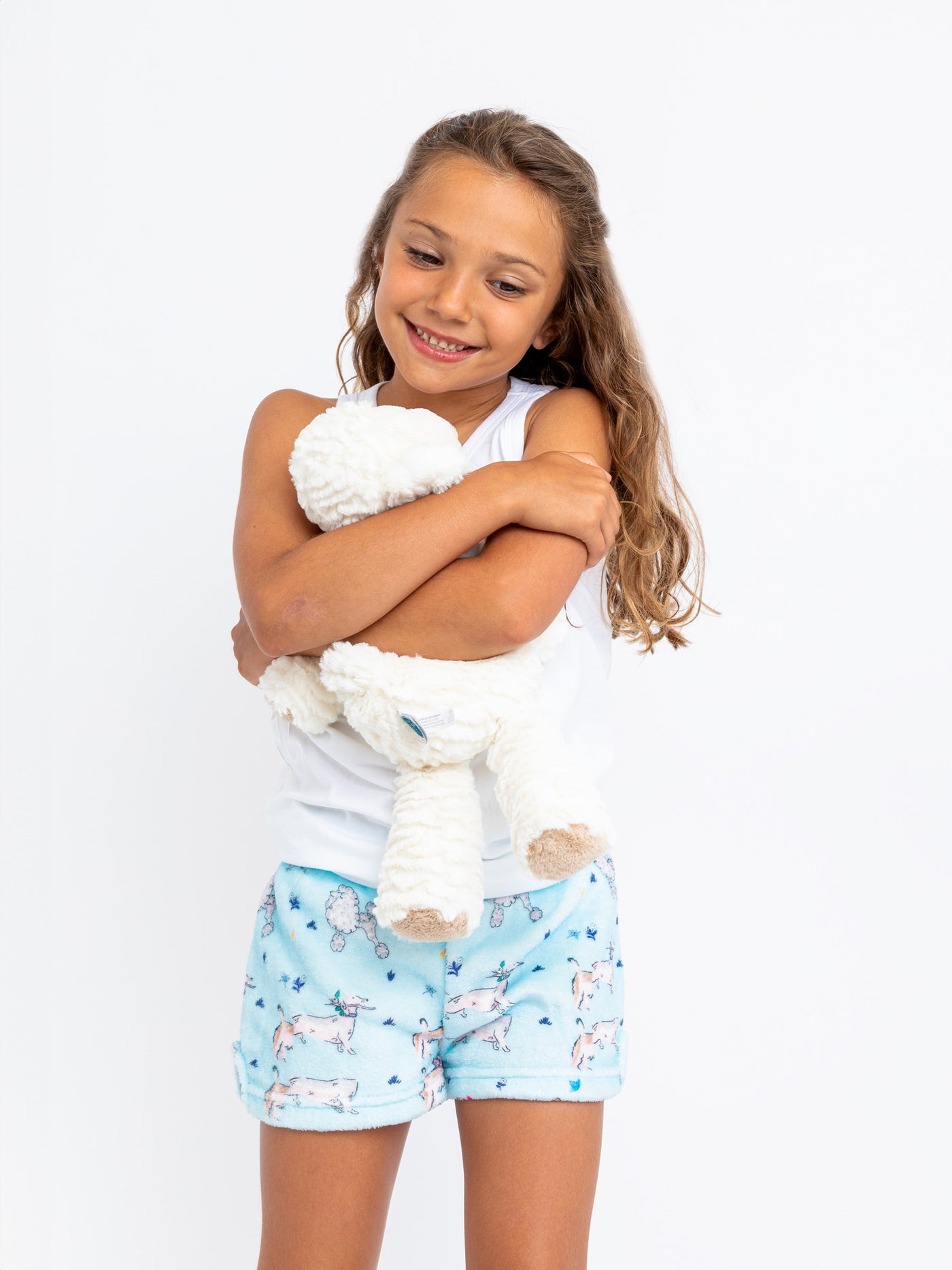 girls blue plush lounge shorts with puppy print