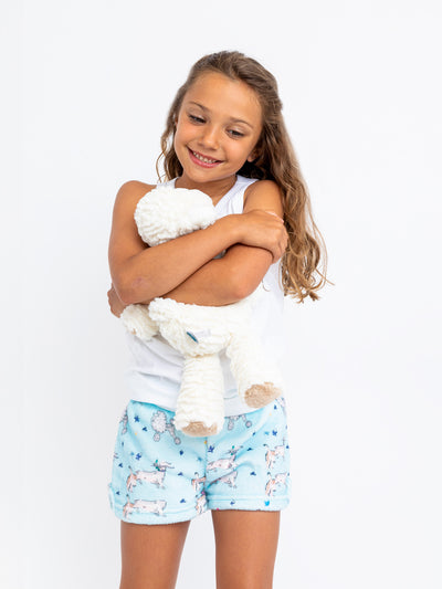 girls blue plush lounge shorts with puppy print