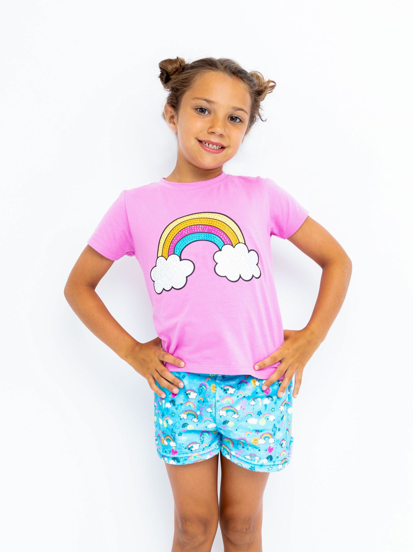 girls blue plush lounge shorts in a rainbow print