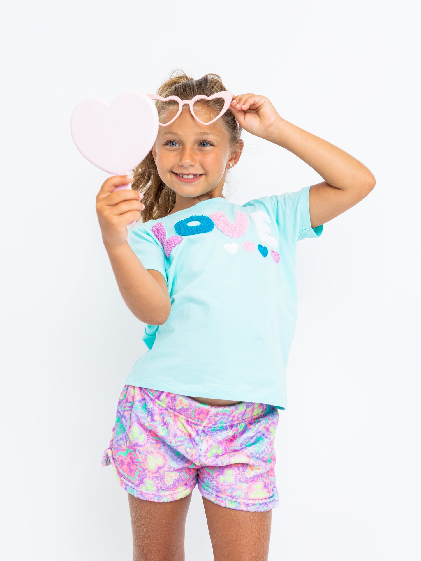 girls aqua short sleeve t-shirt with love applique