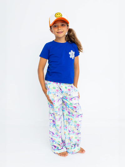 girls plush loungewear pant with multicolour smiley face print