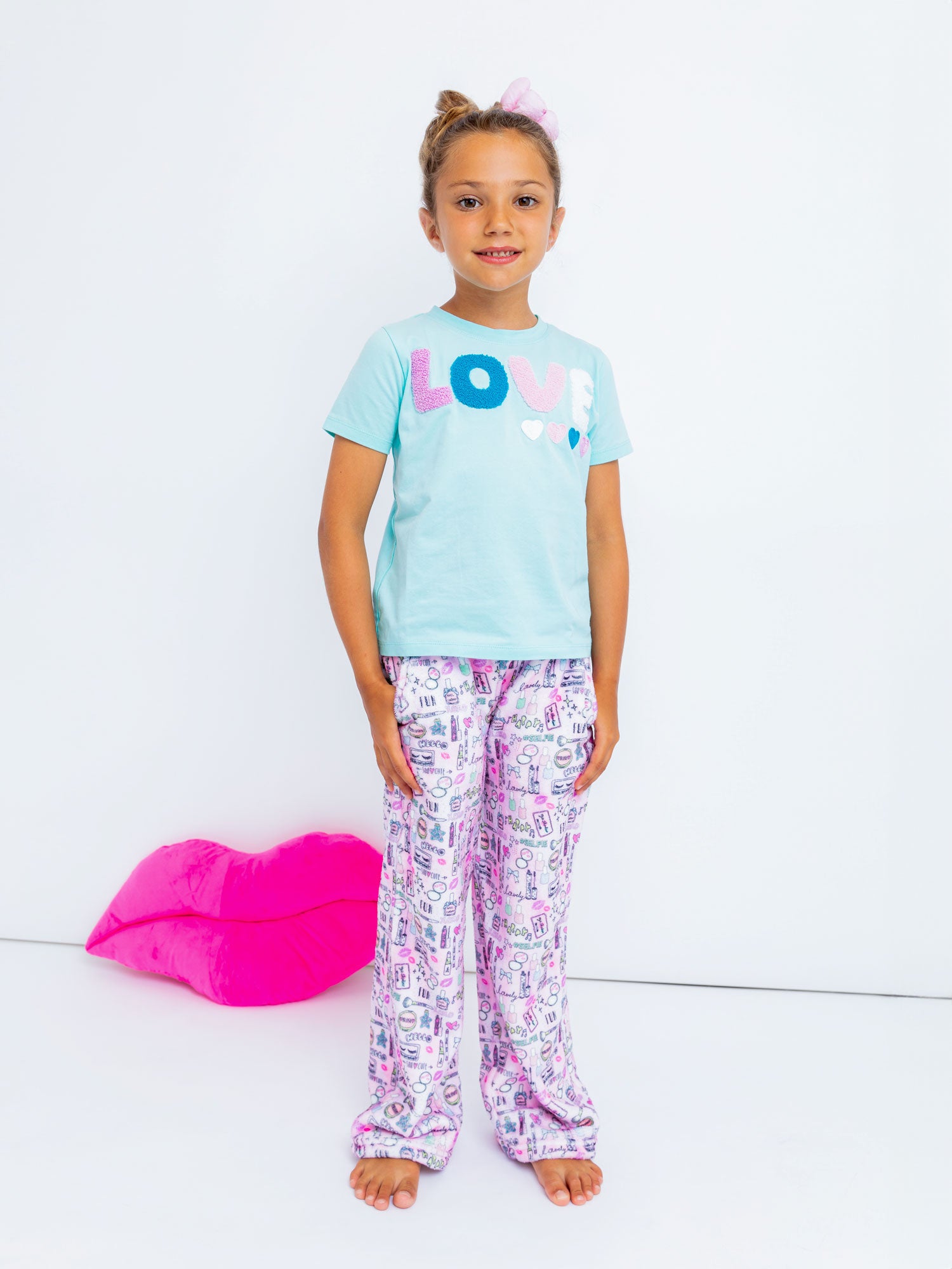 girls pink plush loungewear pant with makeup beauty print