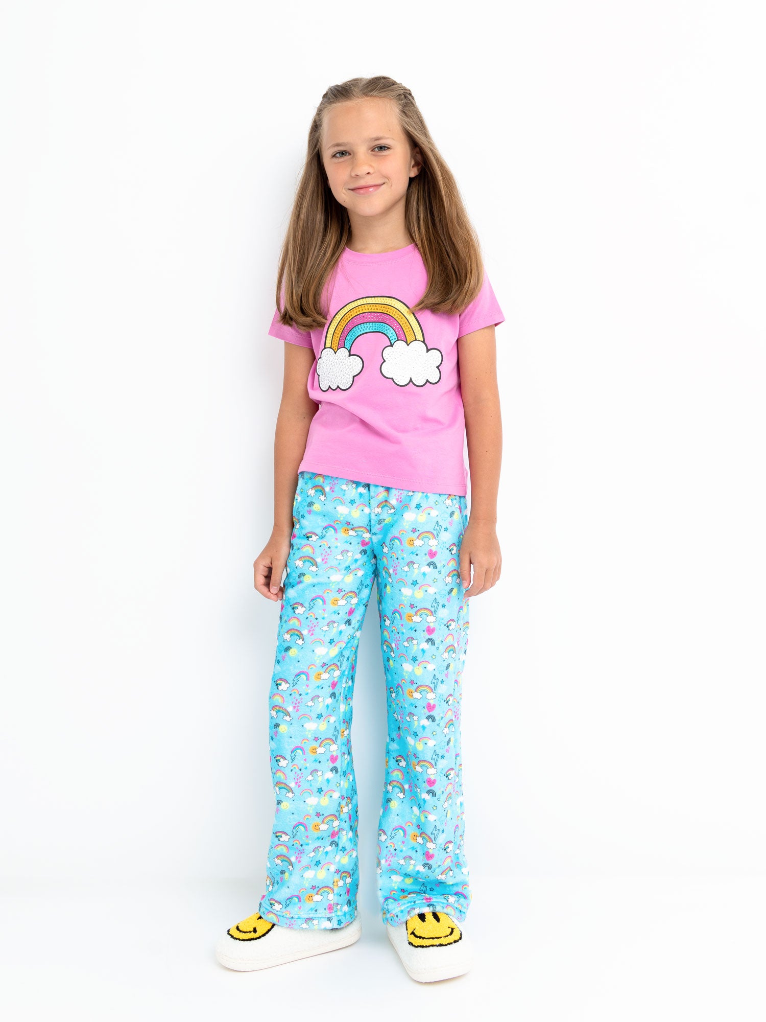 girls blue plush loungewear pant with rainbow print