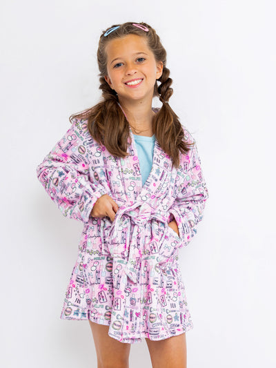 girls pink printed plush bath robe in makeup beauty print