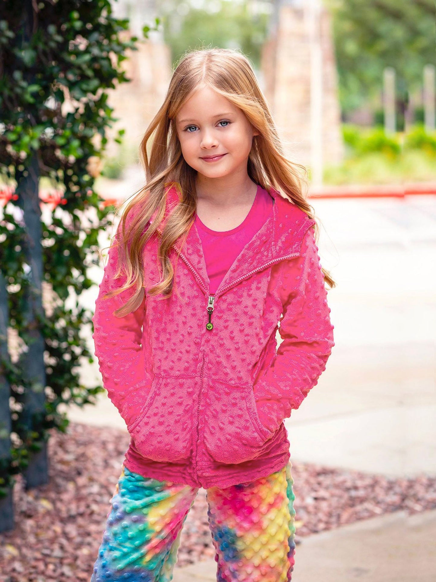 girls fuchsia pink minky bubble zip hoodie and printed activewear leggings 