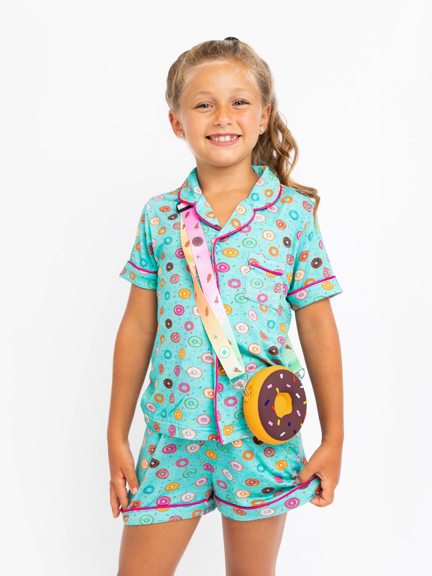 girls teal donuts printed short sleeve pajama short set