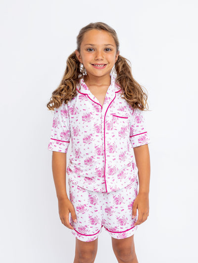 girls pink floral short sleeve pajama short set