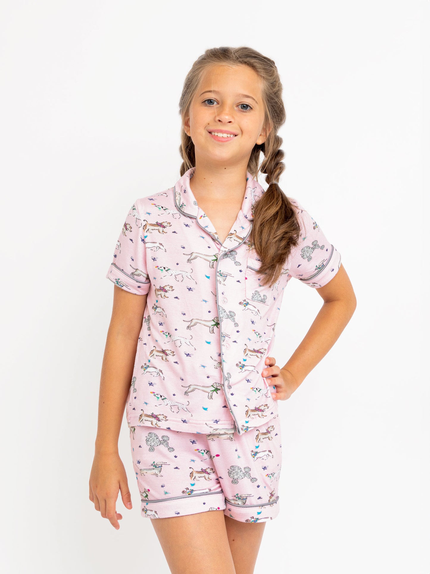 girls pink puppy printed short sleeve pajama short set