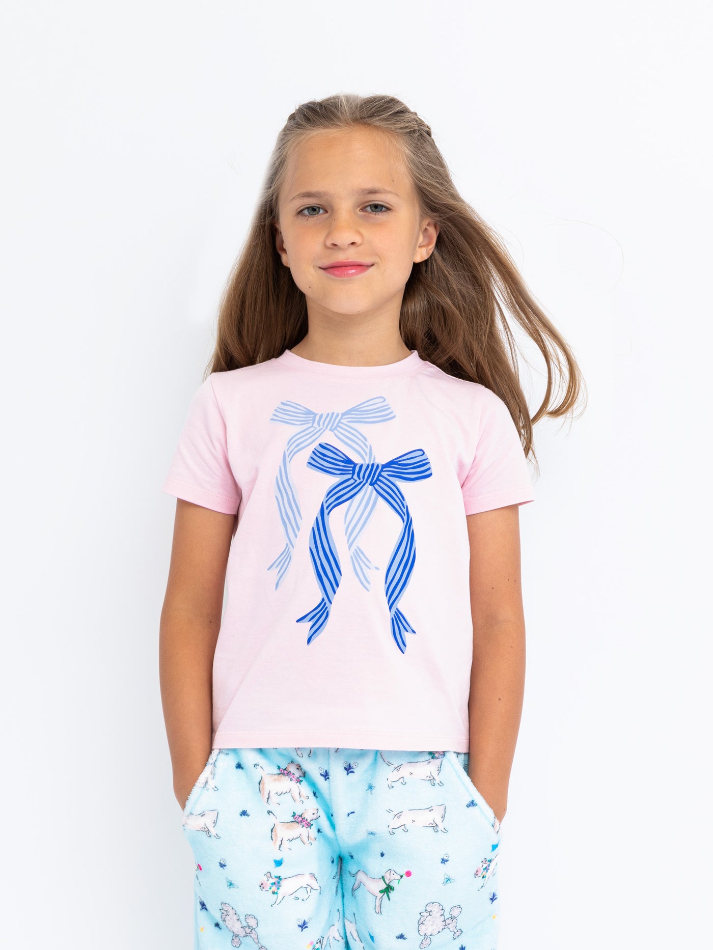 girls pink graphic short sleeve t-shirt with bows print