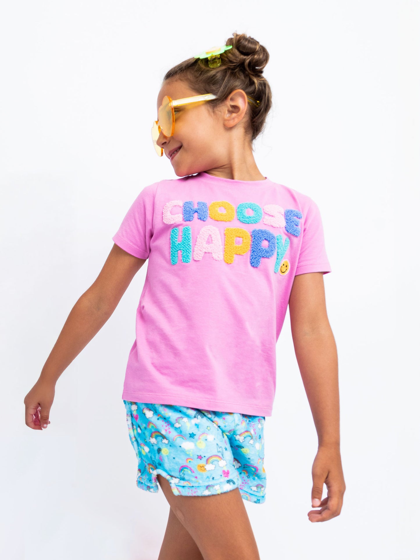 girls pink short sleeve t-shirt with choose happy applique