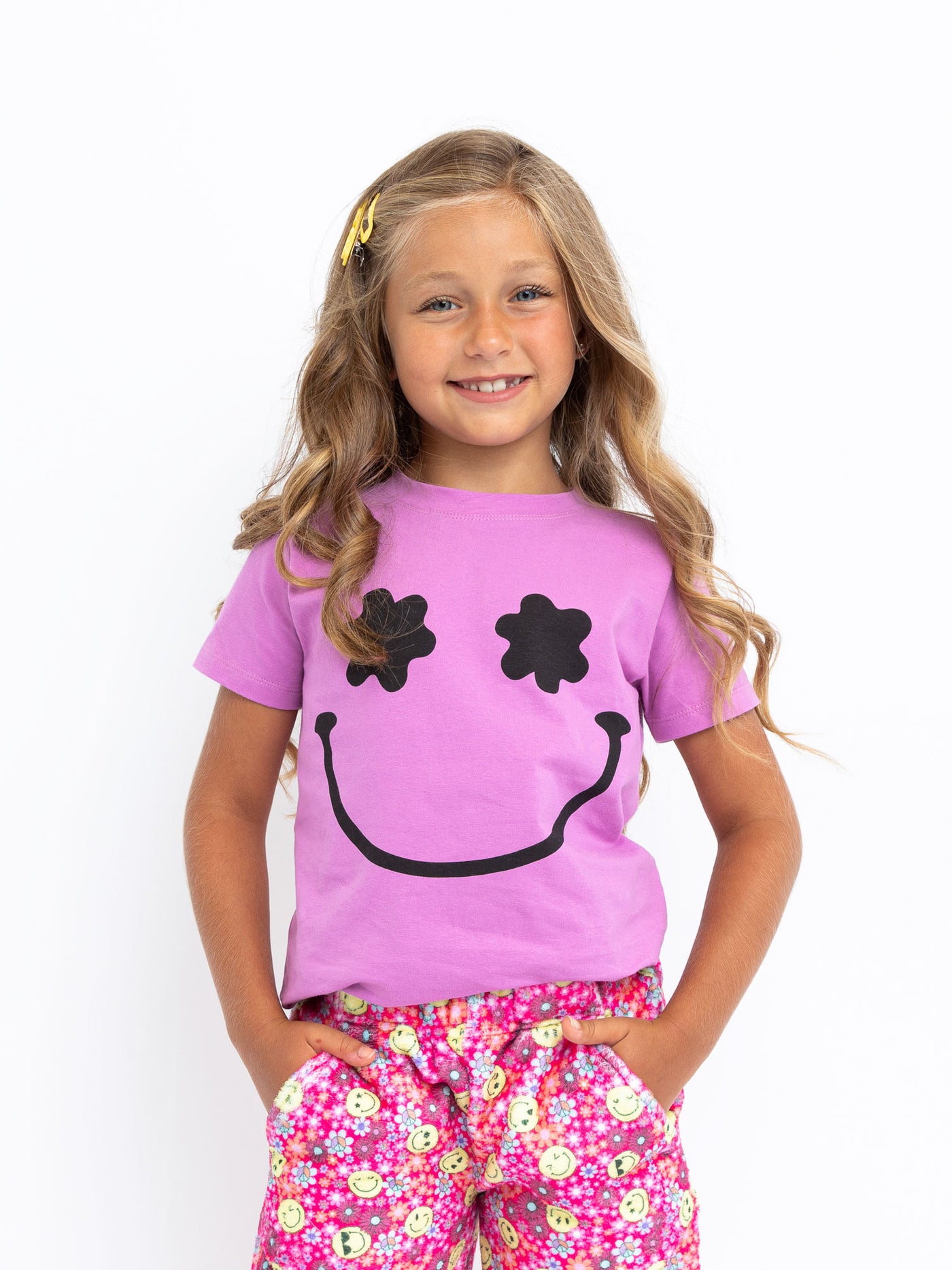 girls orchid graphic short sleeve t-shirt with flower smiley face print