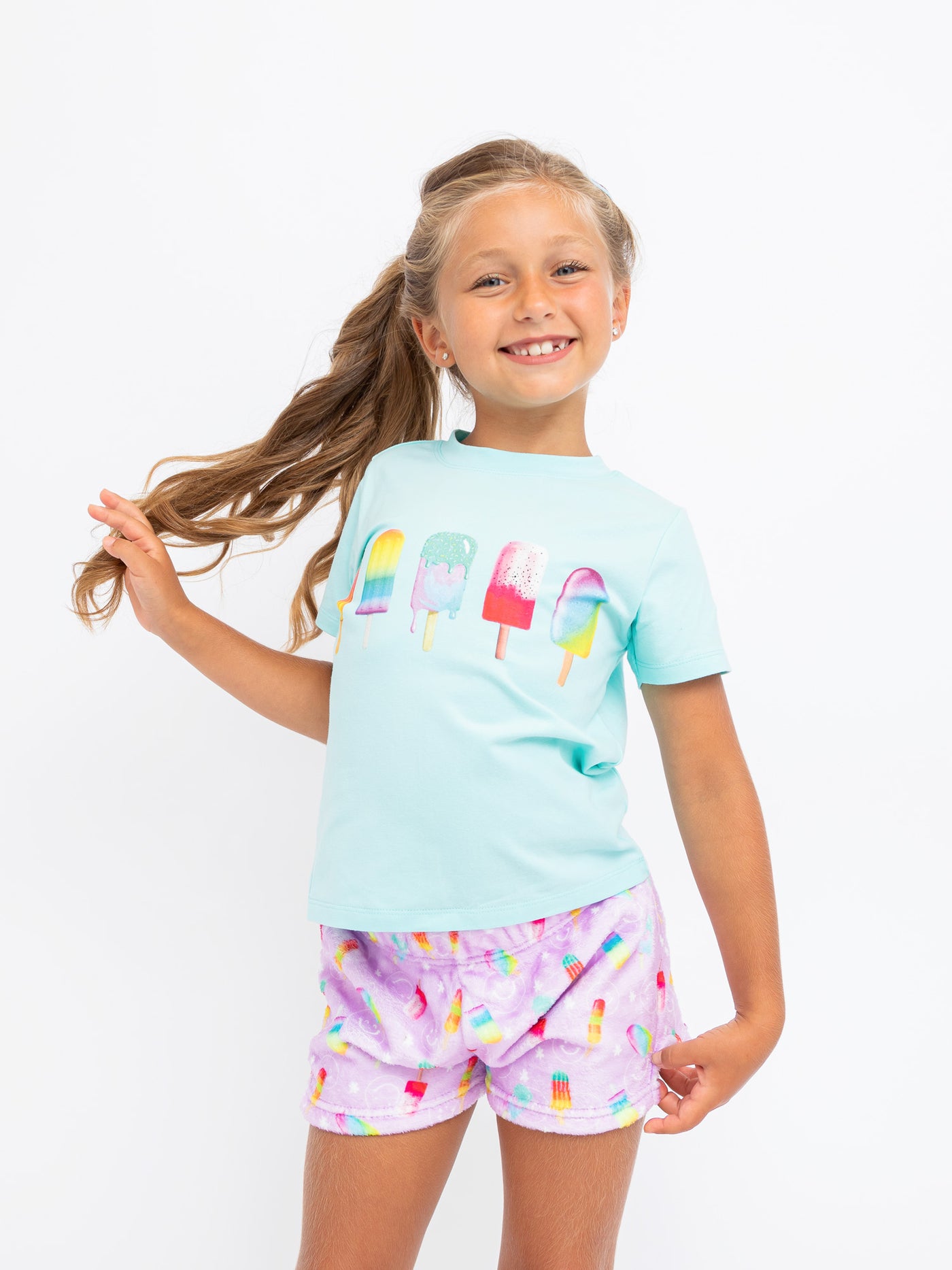 girls lavender plush lounge shorts in a popsicle print