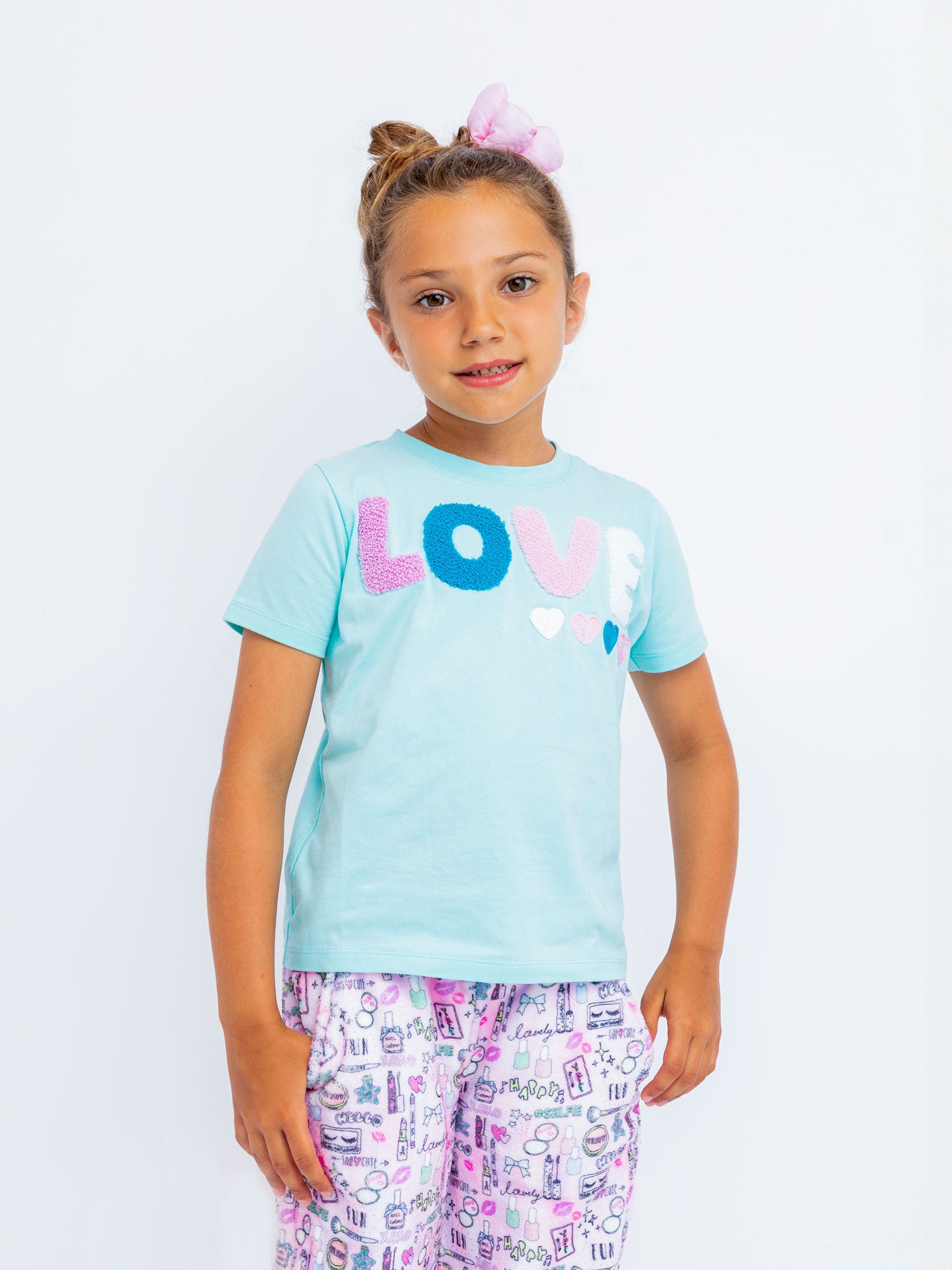 girls aqua short sleeve t-shirt with love applique