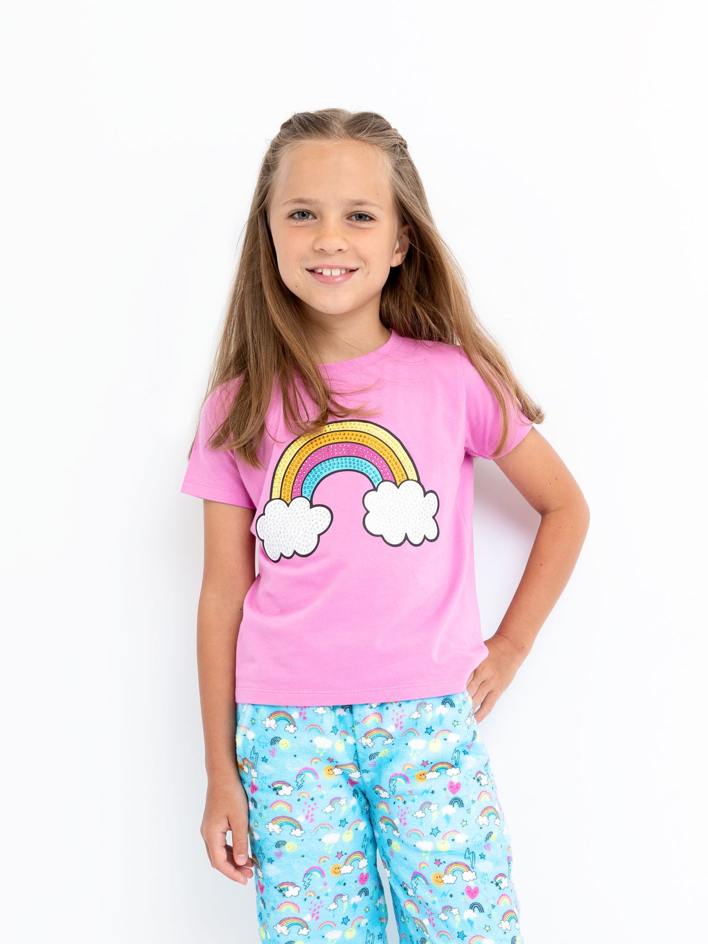 girls blue plush loungewear pant with rainbow print