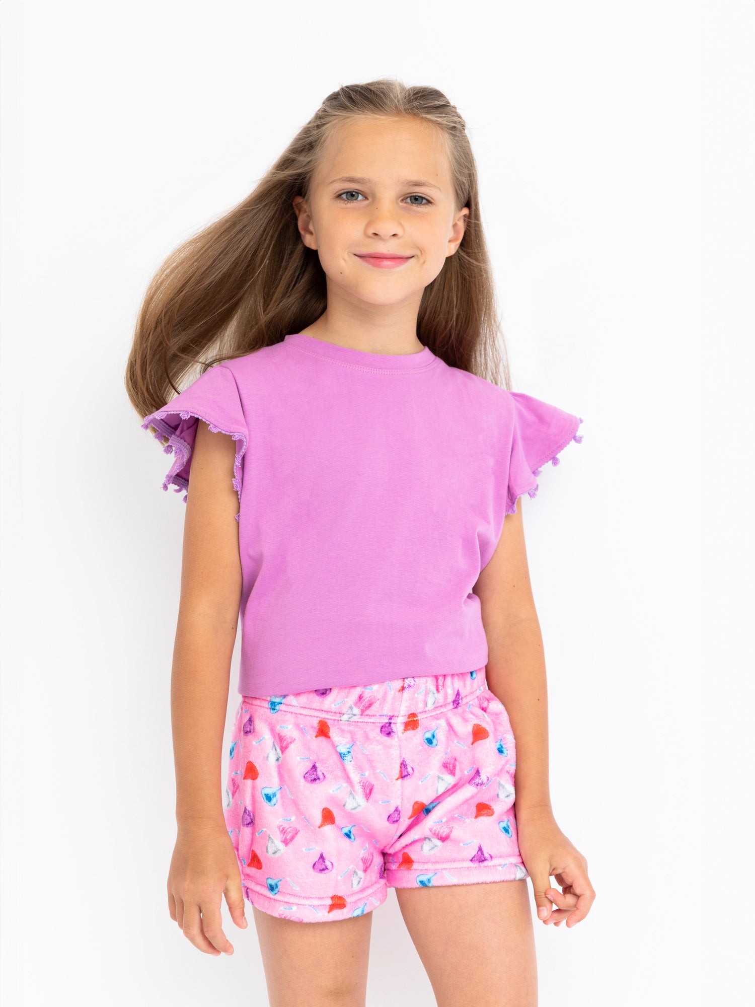 girls orchid plush lounge shorts with chocolate kisses allover