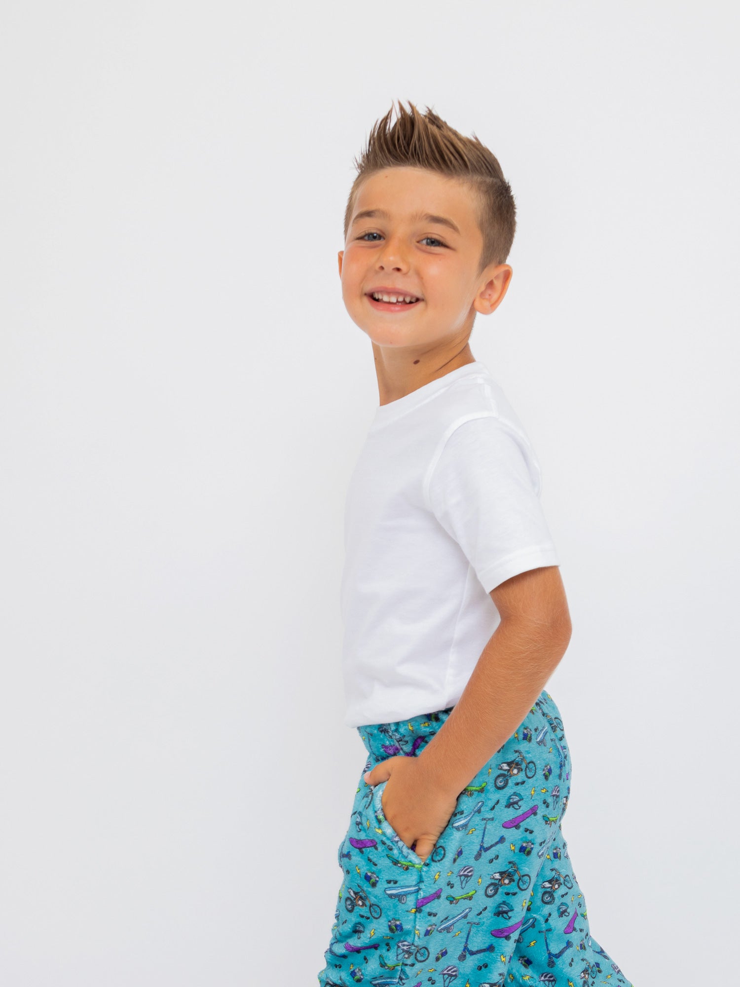 boys plush loungewear pant with bike and skate print