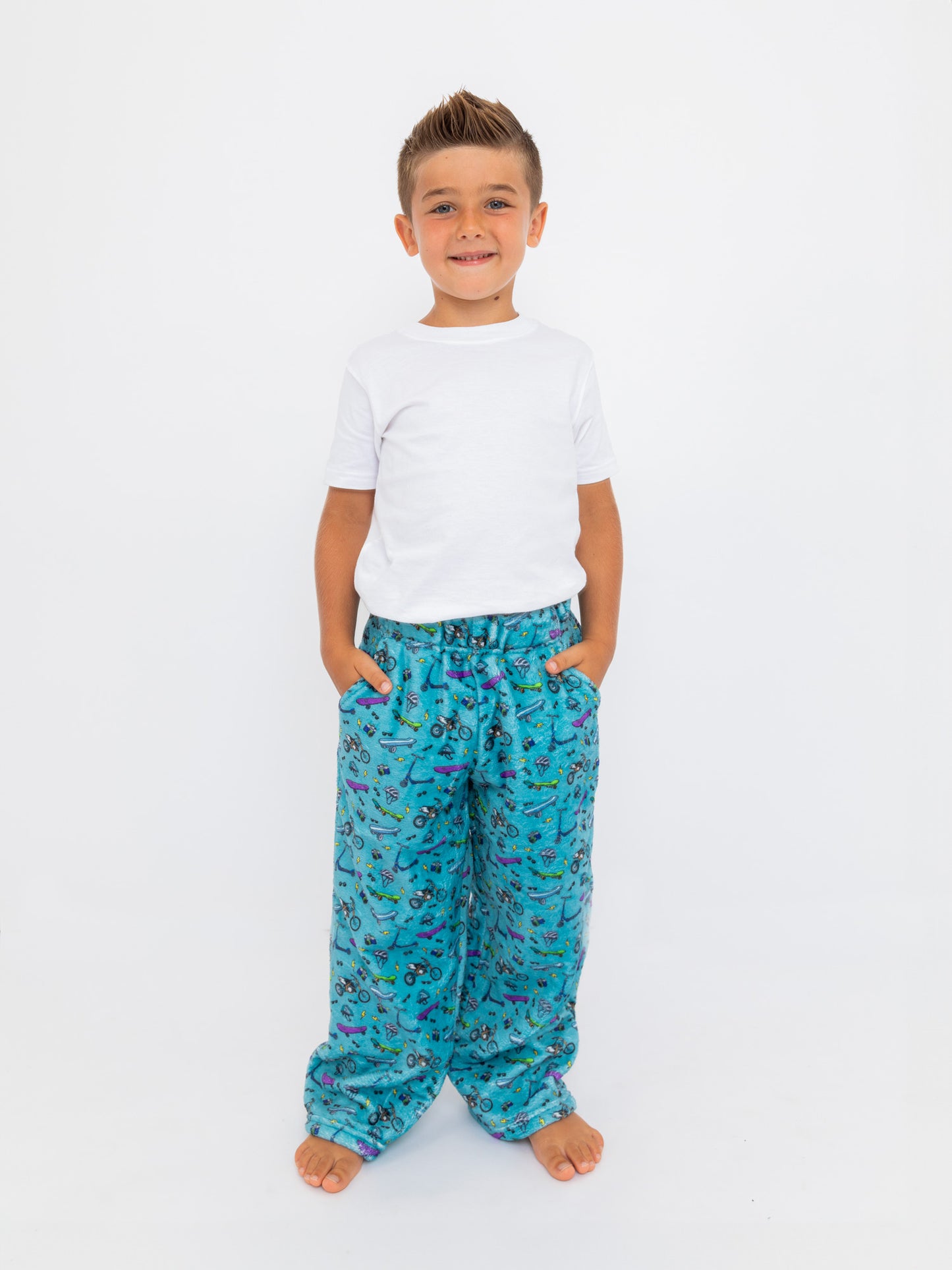 boys plush loungewear pant with bike and skate print