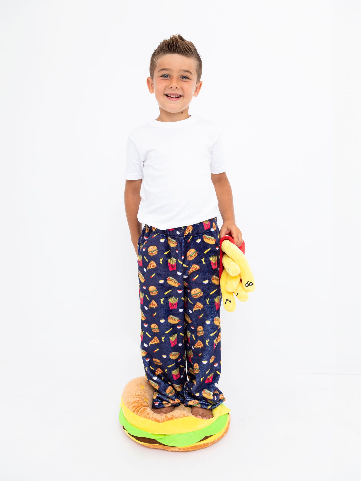 boys plush loungewear pant with burger and fries print