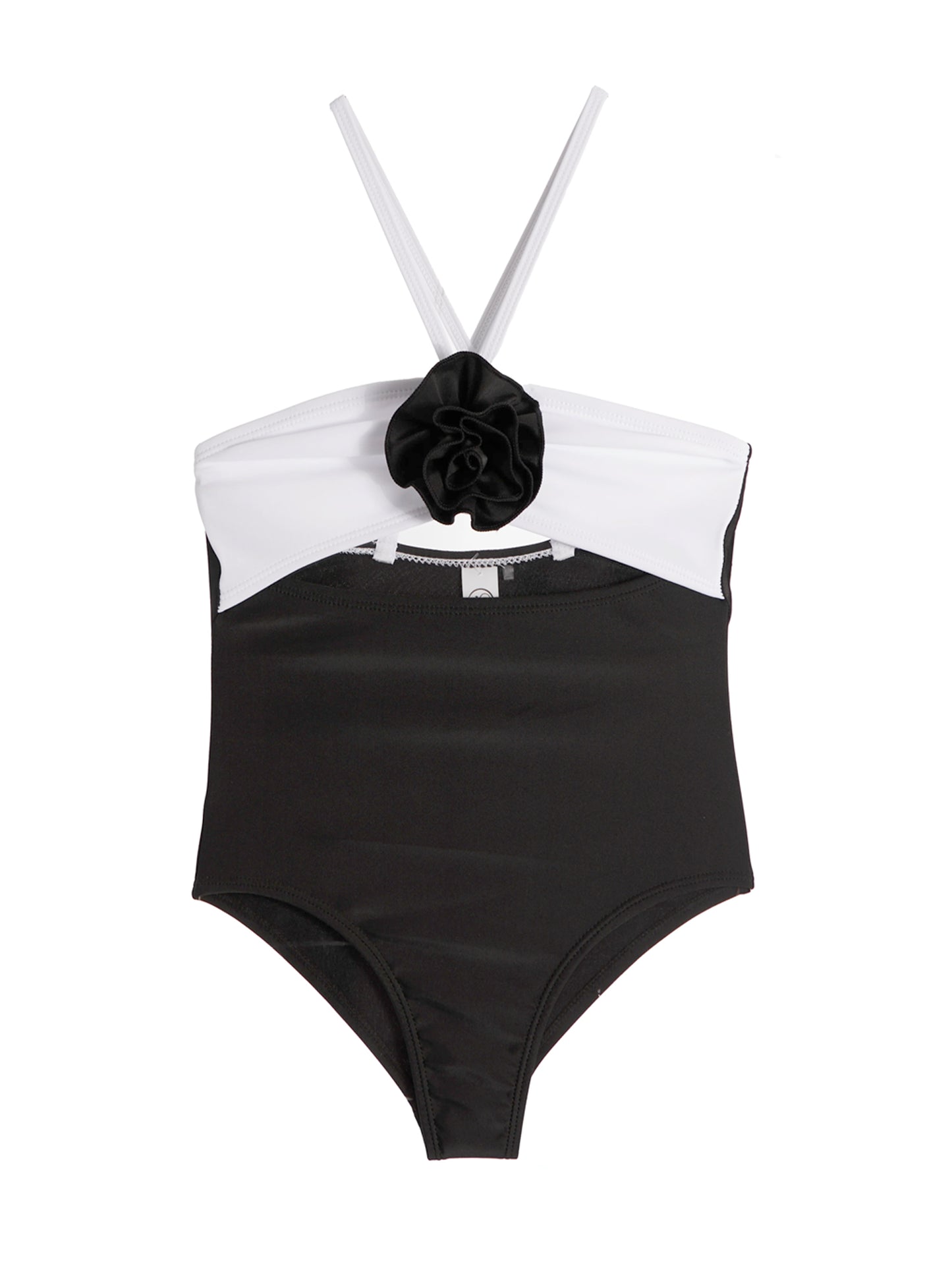 girls black and white halter one piece swimsuit with rosette