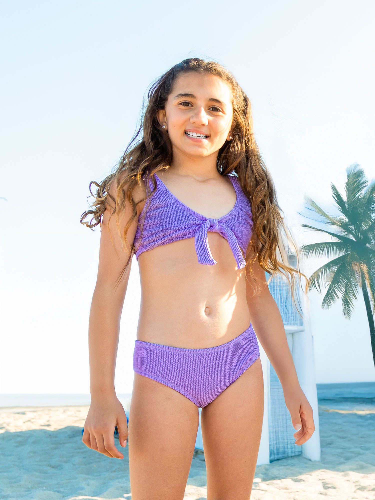 girls purple tie front bikini swimsuit crinkle fabric