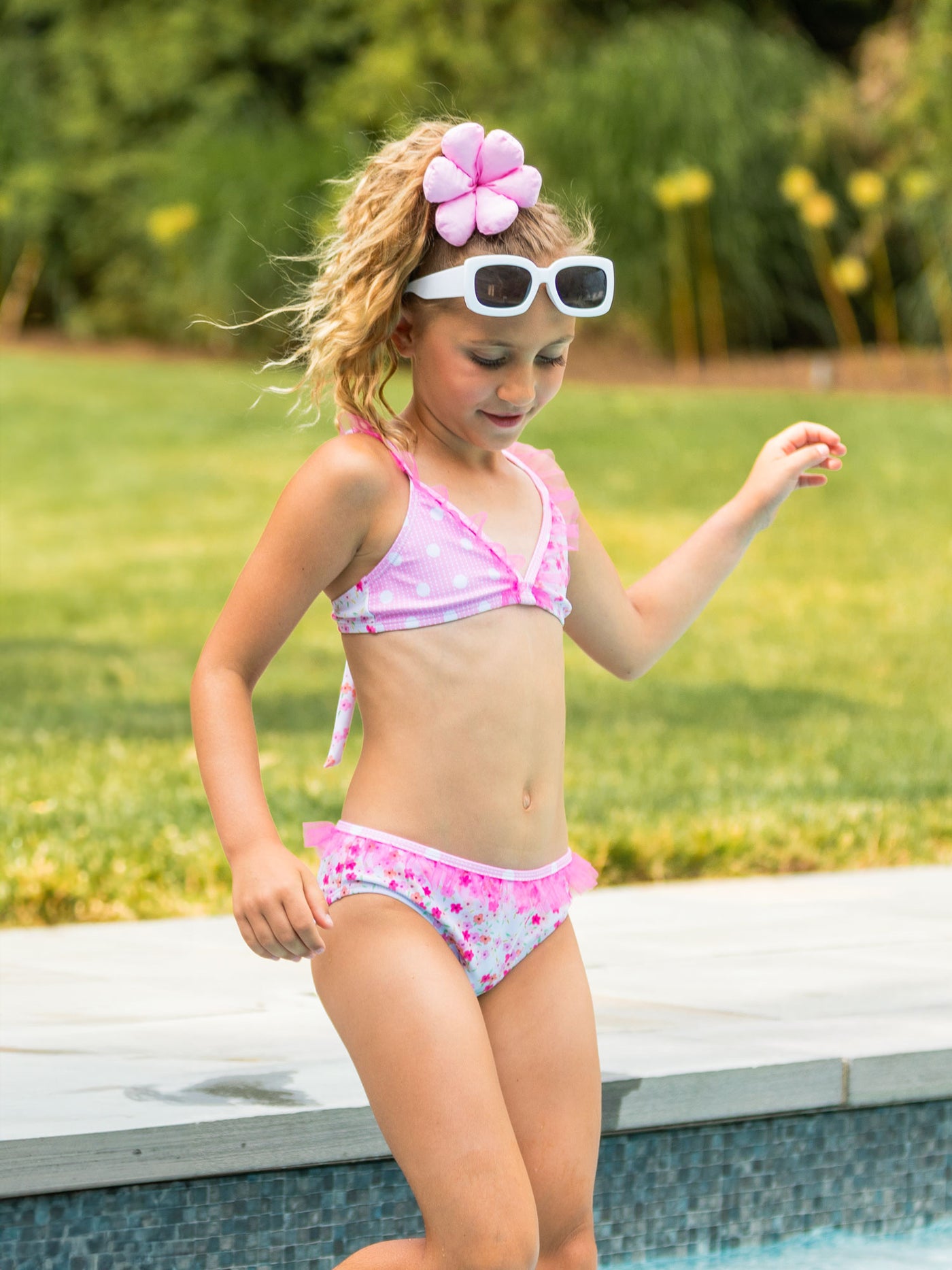 girls floral pink bikini swimsuit with tulle ruffle