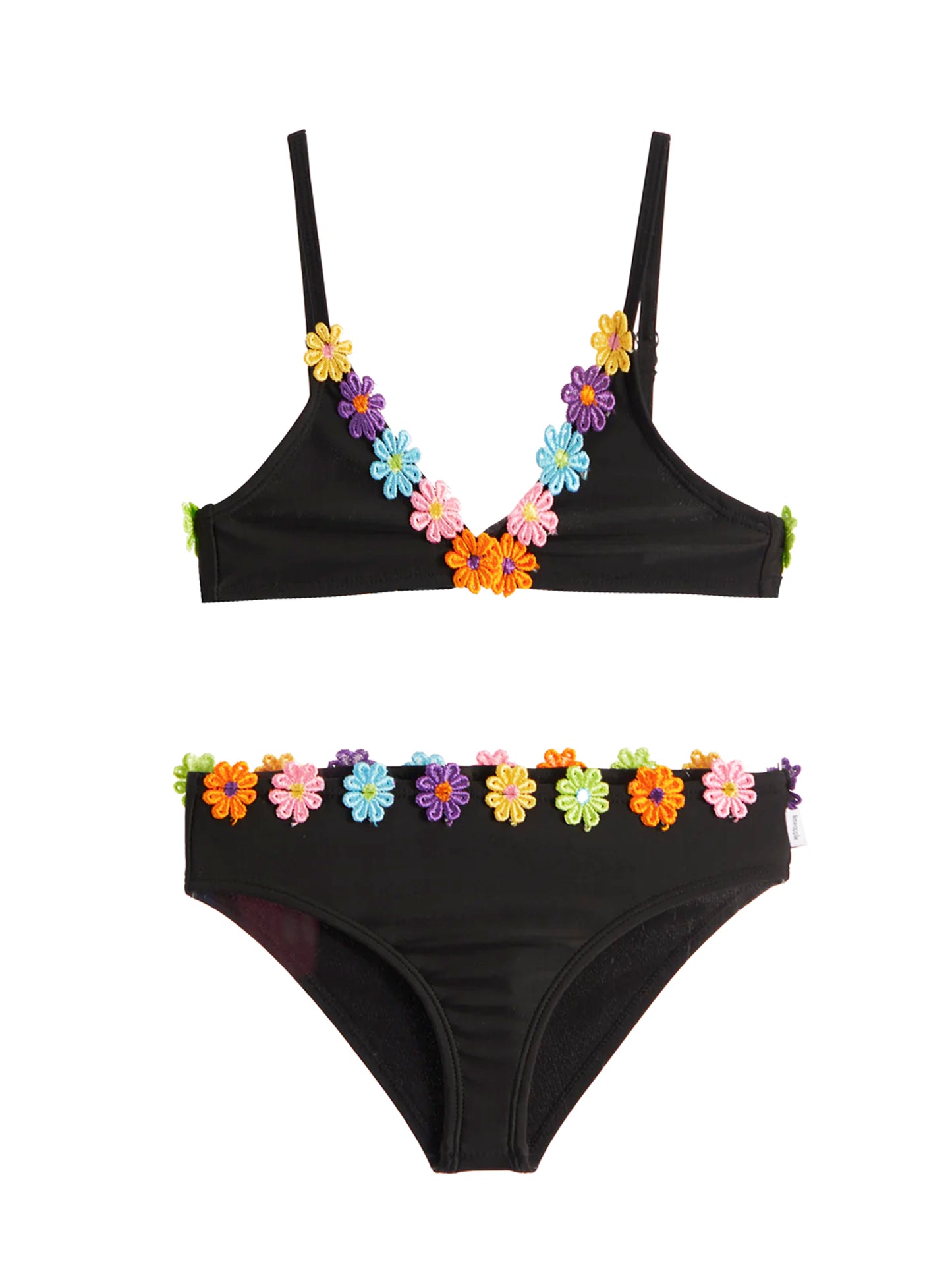 girls black bikini with multicolour floral trim