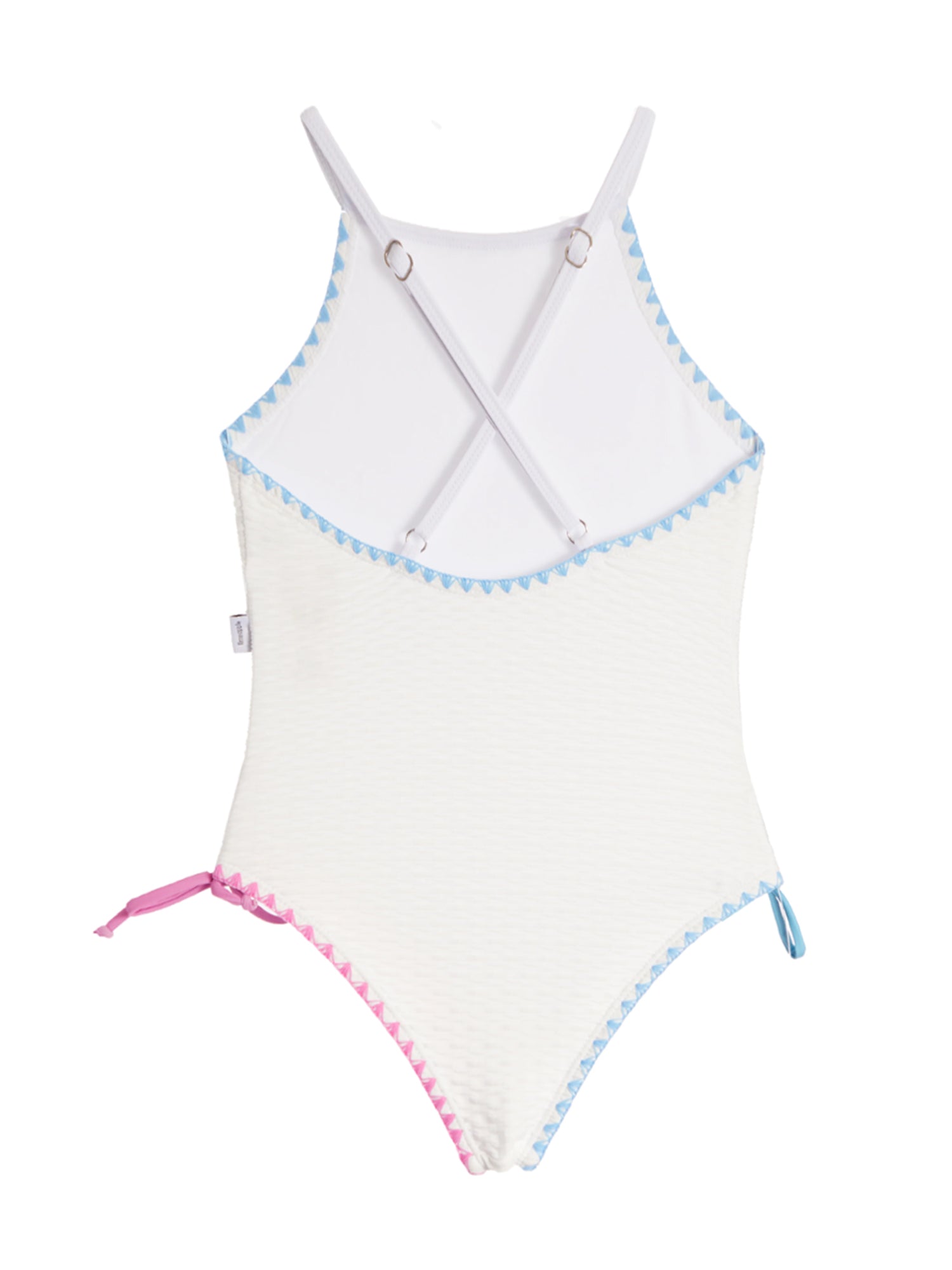 girls white one piece swimsuit with embroidered trim