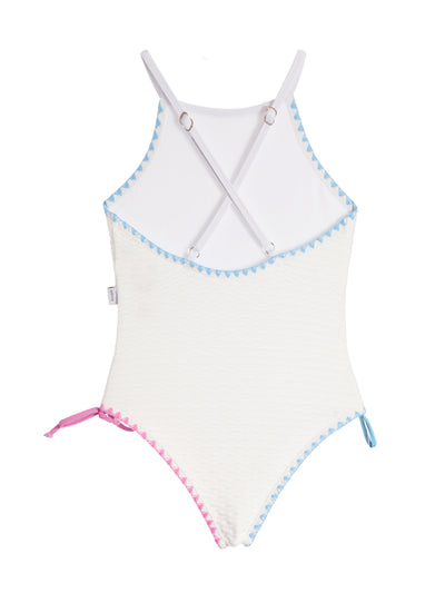 girls white one piece swimsuit with embroidered trim