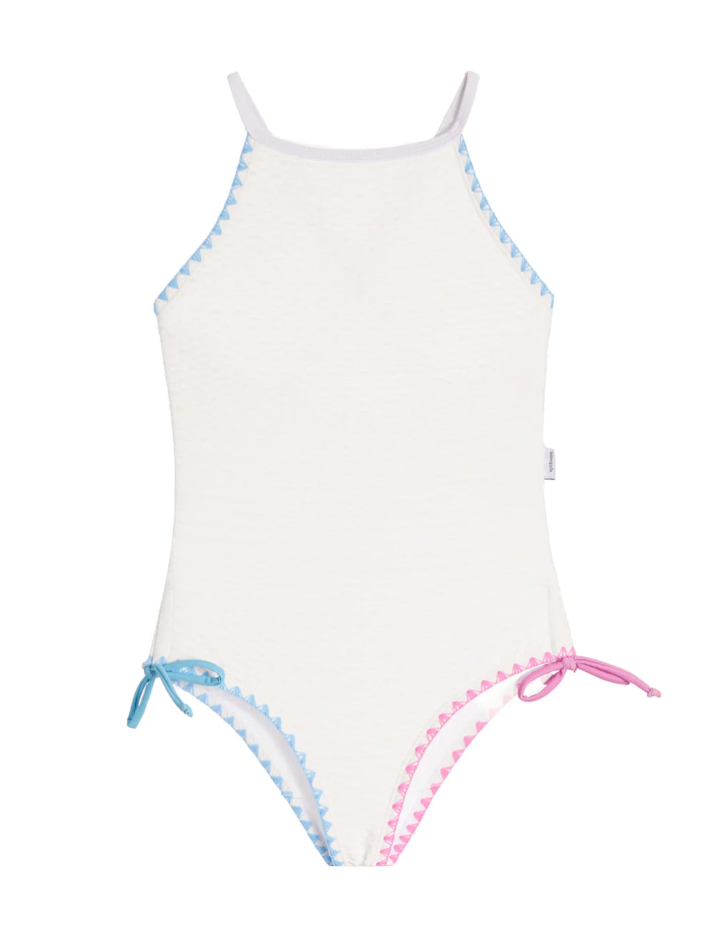 girls white one piece swimsuit with embroidered trim