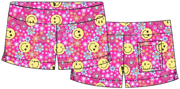 girls pink plush lounge shorts with floral print and smiley faces