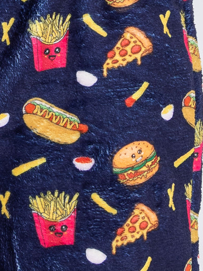 boys plush loungewear pant with burger and fries print