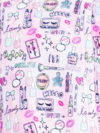 girls pink plush lounge shorts in a makeup beauty print