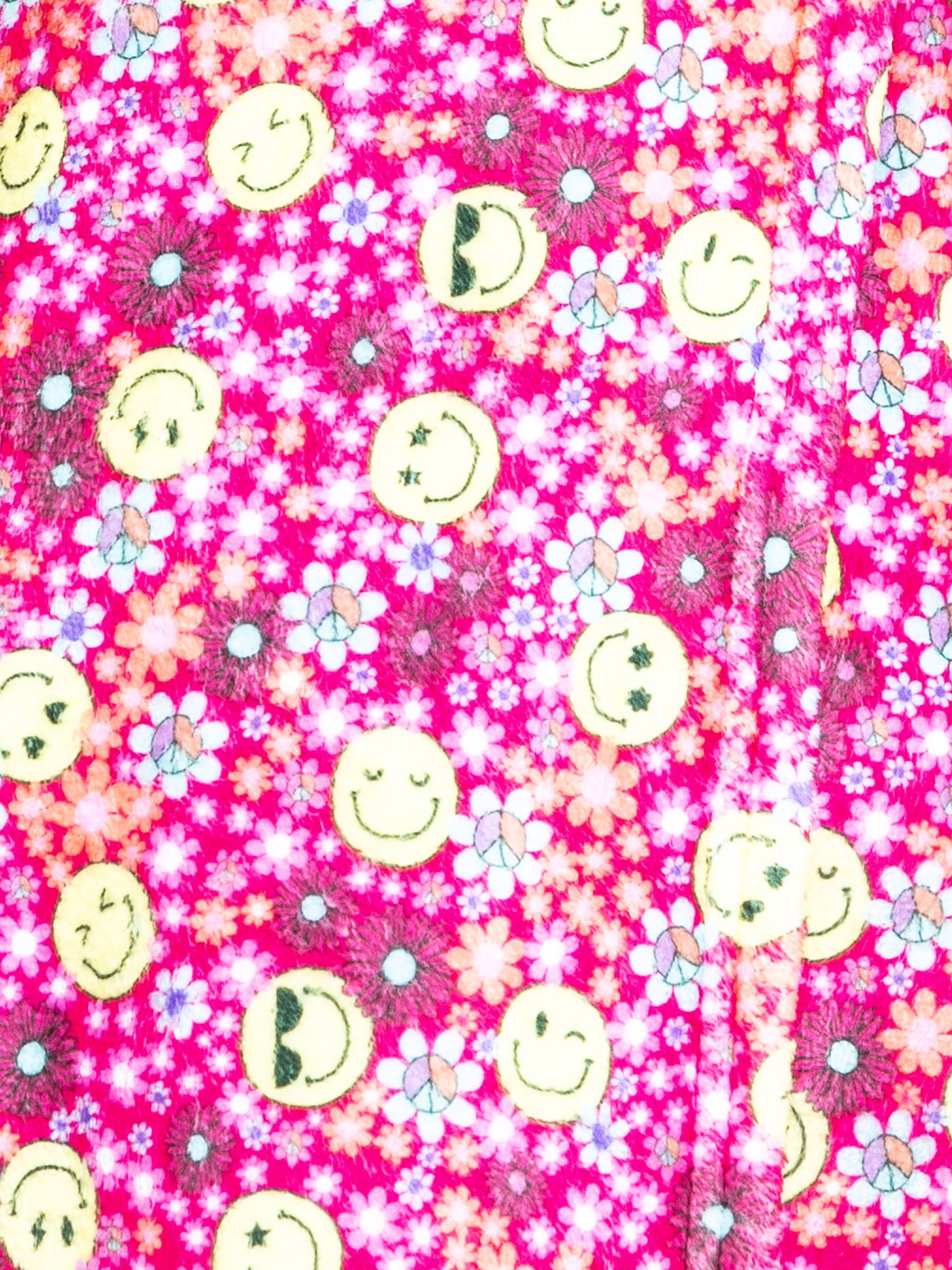 girls pink plush lounge shorts with floral print and smiley faces